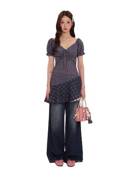 Floral Patchwork Mesh Bow Tie Bubble Sleeve Top &amp; Dress