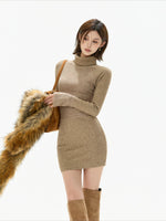 Camel Lace High Neck Knit Dress