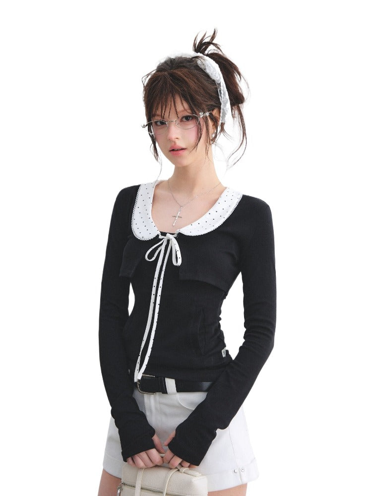 Polka Collar Cardigan Set