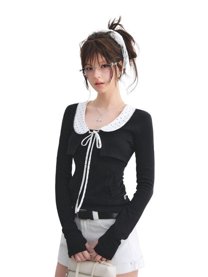 Polka Collar Cardigan Set