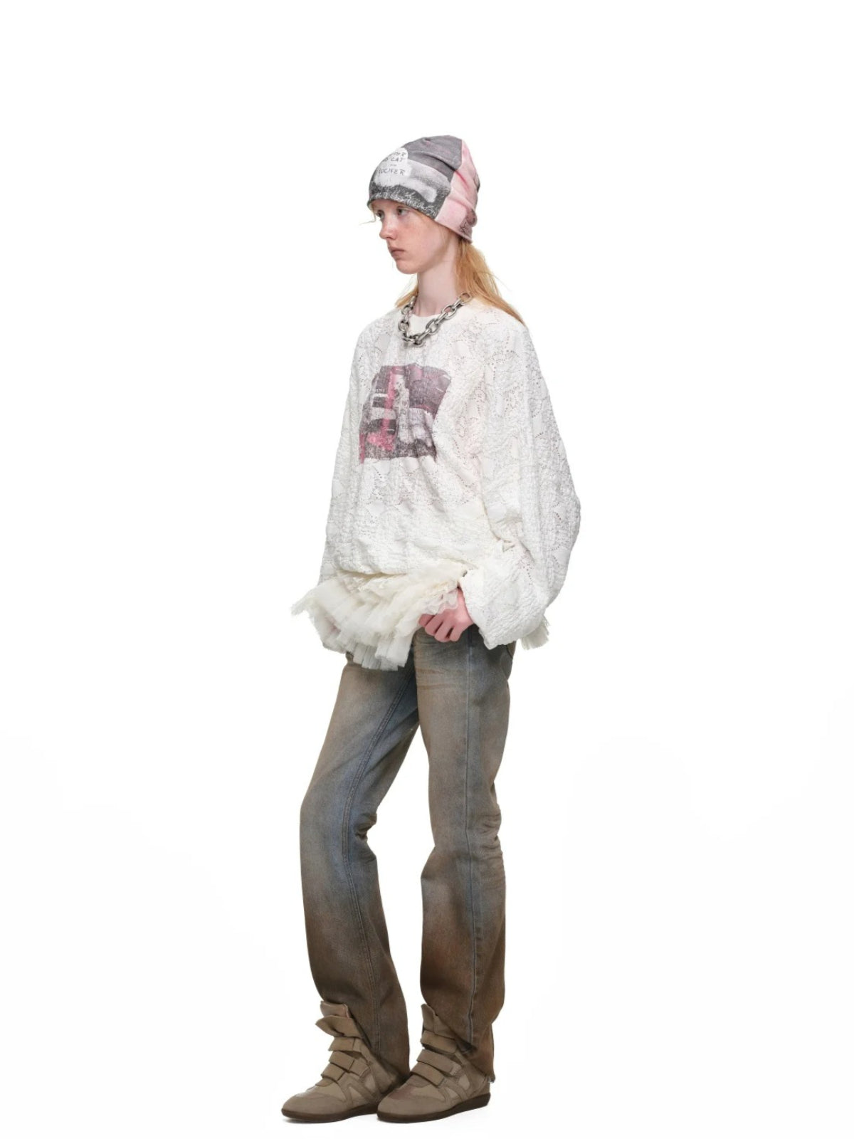 Cat Print Lace Balloon Sweatshirt