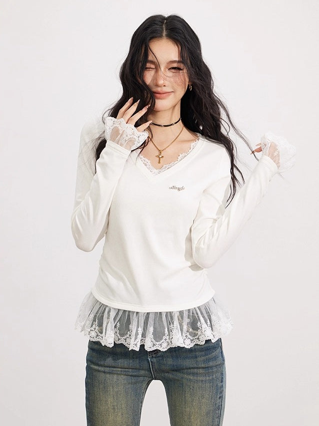 Off-white Lace V-Neck T-shirt