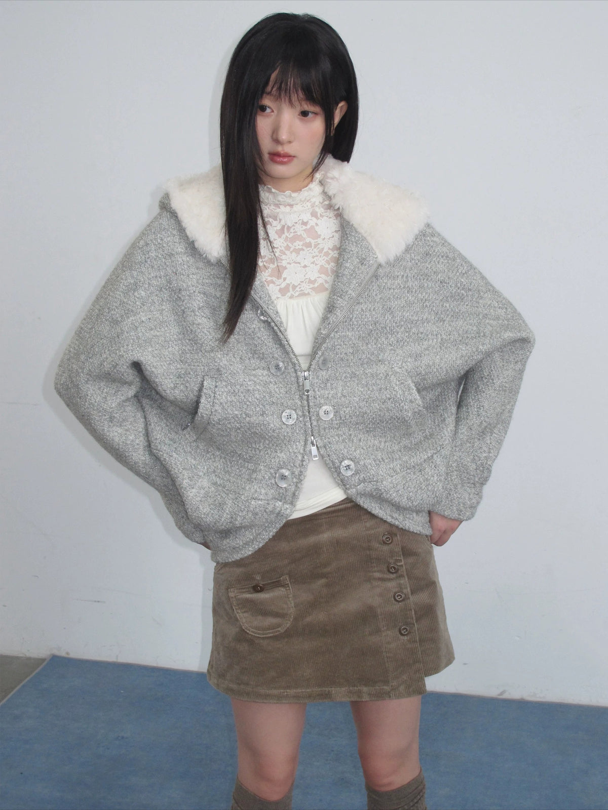 Gray Hooded Wool-Blend Coat