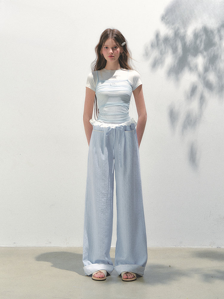 Vertical Striped Drawstring Waist Pink - Blue Pants