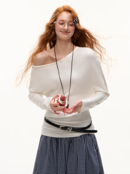 Off-Shoulder Pearl-Button Long-Sleeve T-Shirt