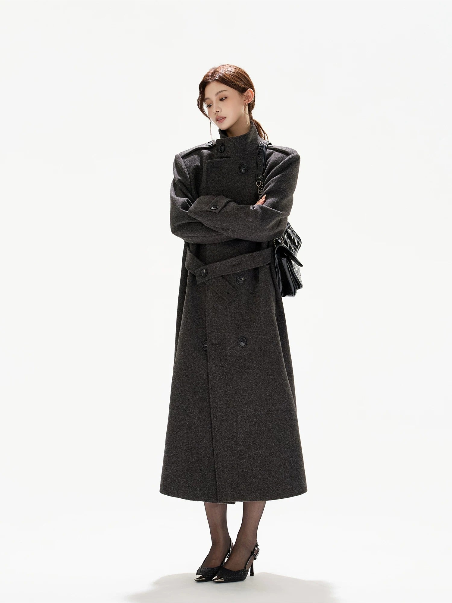 Black Wide-Shoulder Wool Coat