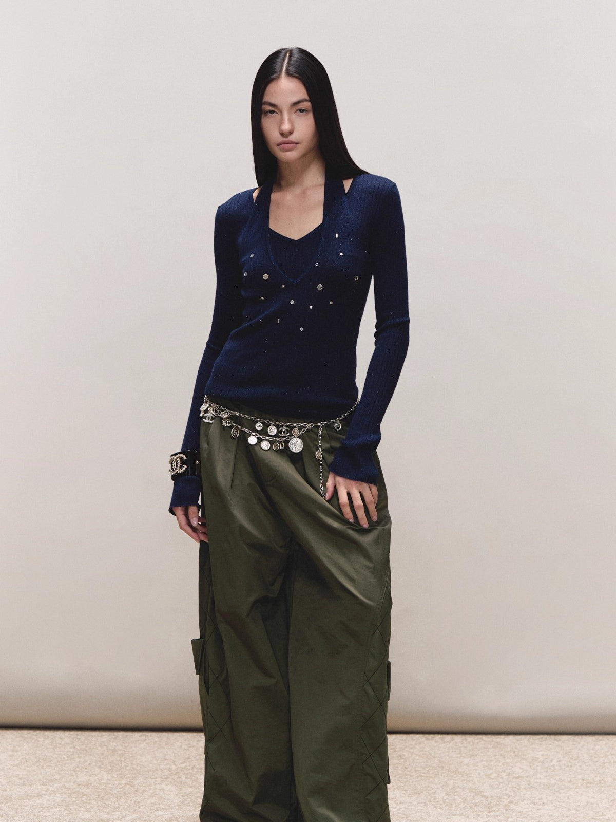 Wool Halter Sequin Long-Sleeve Top