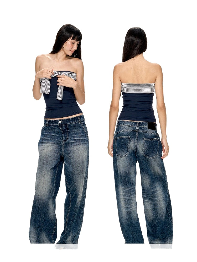Deep Blue Washed Texture Distressed Denim Jeans