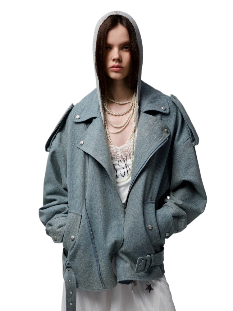 Washed Denim Moto Jacket