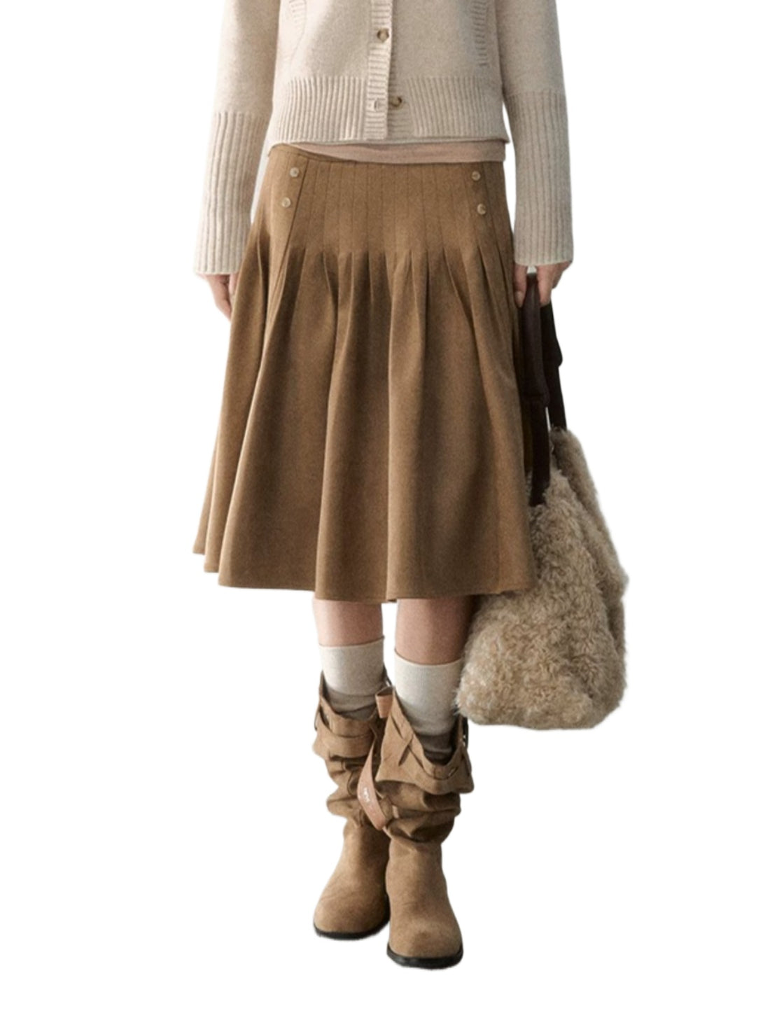 Side-Button Faux Suede Pleated Skirt