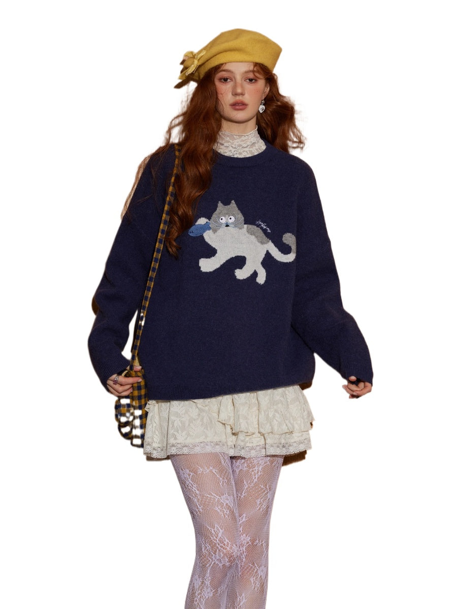 Cat Embroidery Jacquard Knit Sweater