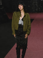 Ruched Stand Collar Faux Suede Jacket
