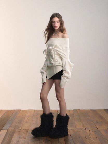 White Off-Shoulder Cross-knit Strap Sweater