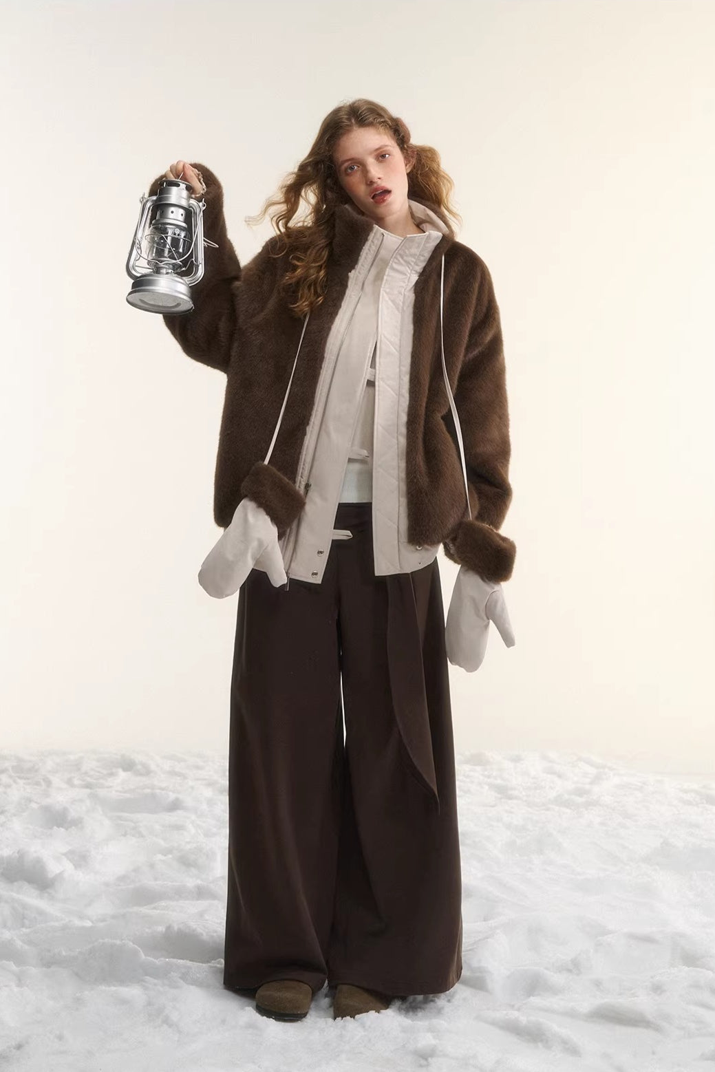 Beige Faux Mink Fur Jacket &amp; Gloves Set