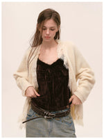 Velvet Fur-Trimmed Tie Front Camisole