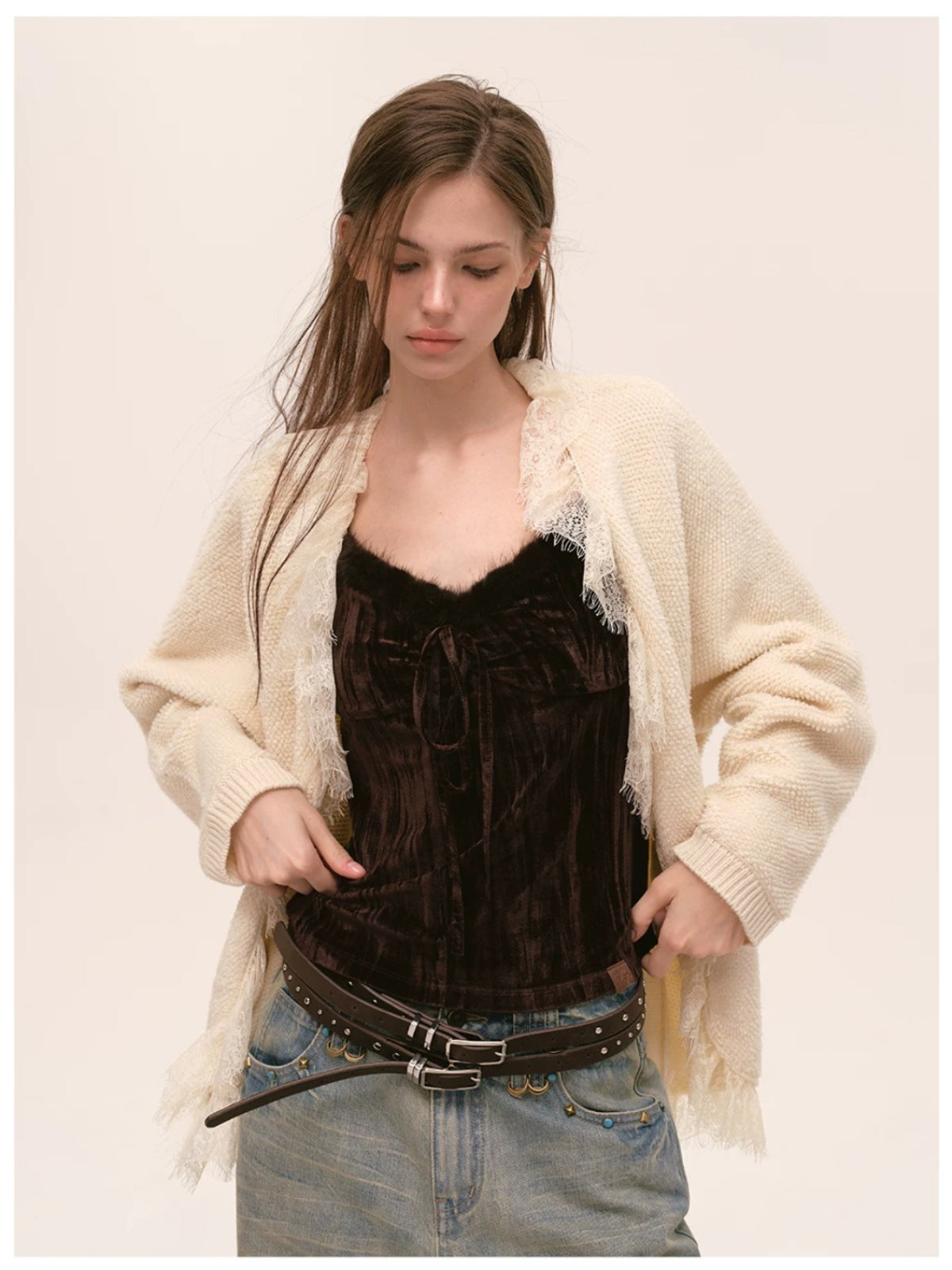 Velvet Fur-Trimmed Tie Front Camisole