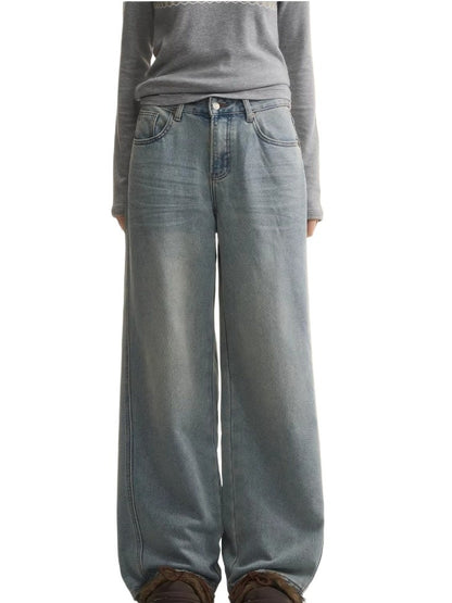 Light Blue Washed Distressed Straight-Leg Jeans