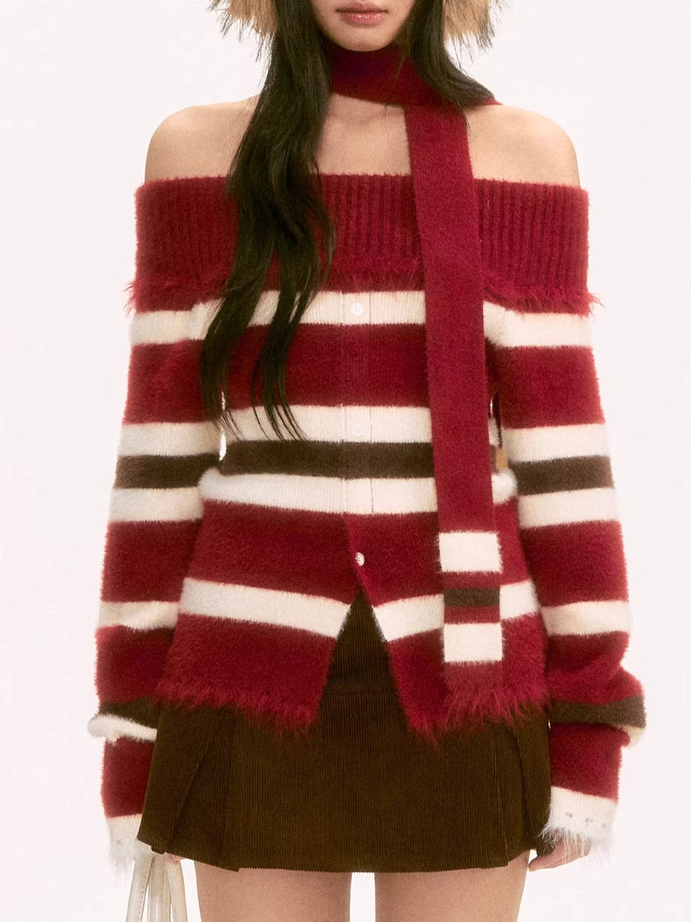 Red Off-Shoulder Contrast Stripe Knit Top