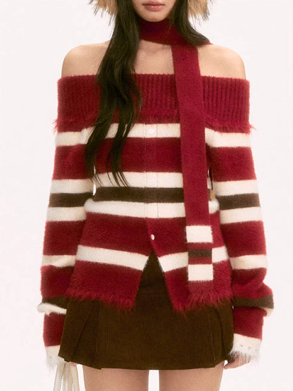 Red Off-Shoulder Contrast Stripe Knit Top