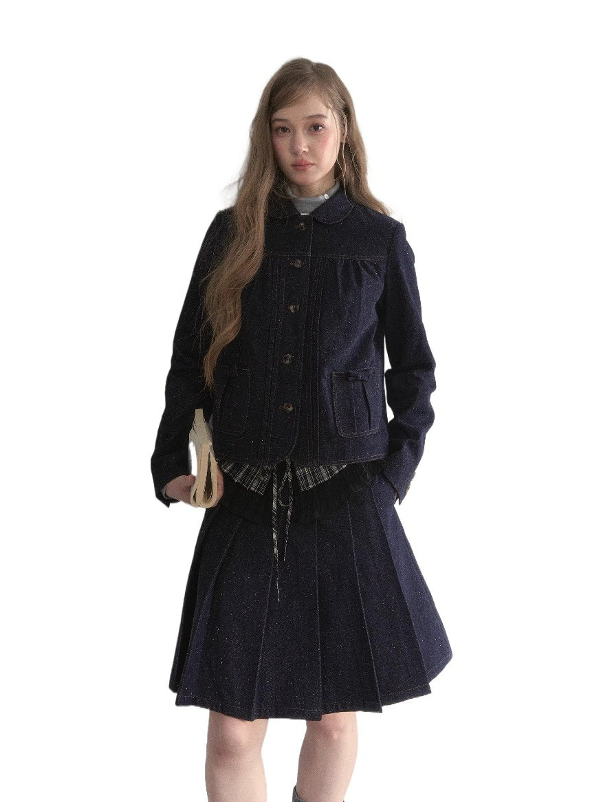 Vintage College Denim Padded Jacket &amp; Skirt Set