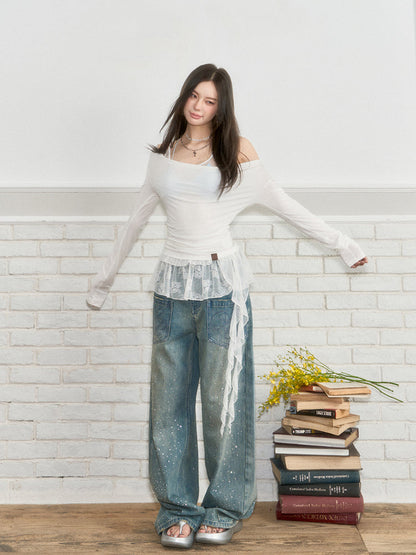 3D Rhinestone Wide-Leg Denim Pants