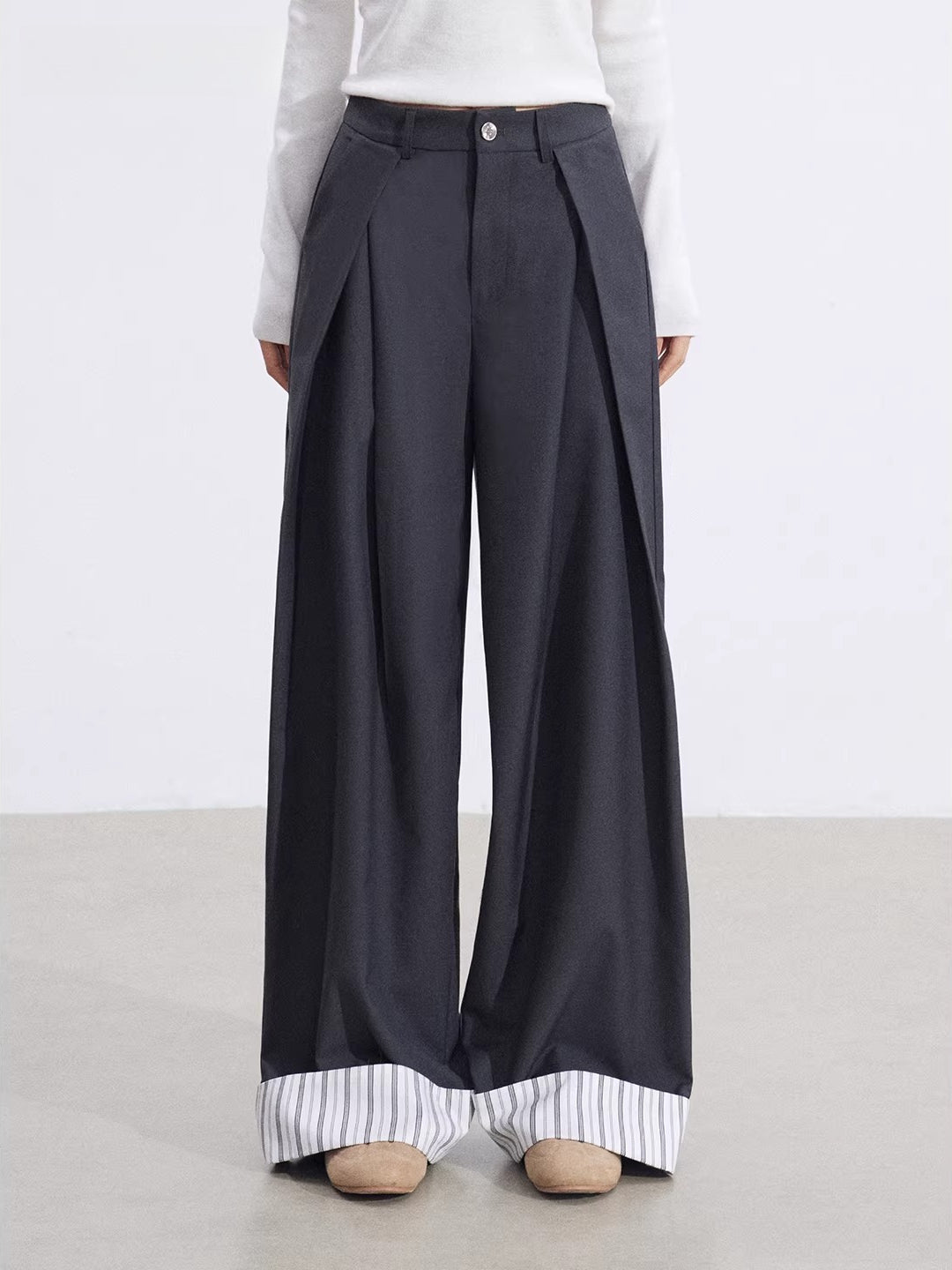 Gray Folded Hem Wide Pants