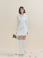 White & Blue Collared Knit Top & Skirt Set