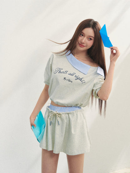 Grey Asymmetric Shoulder Striped Patchwork Short-Sleeve &amp; Skirt Set
