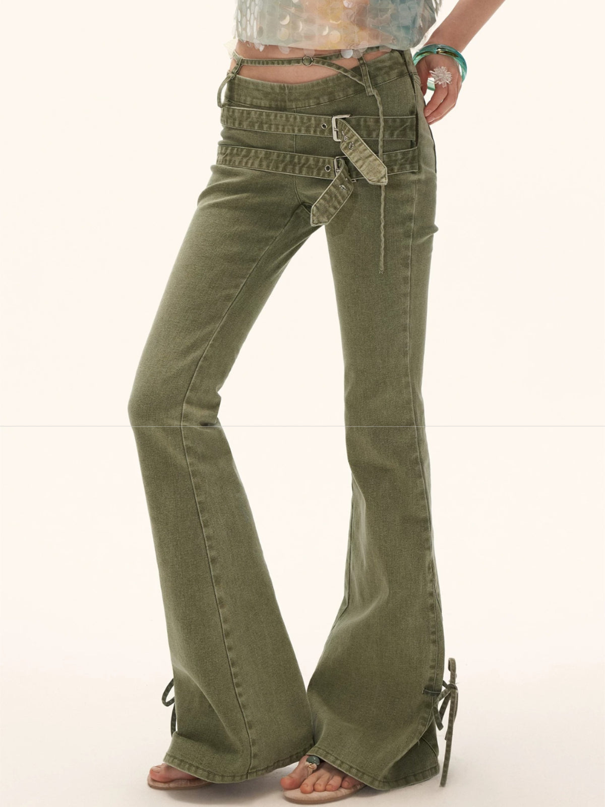 Vintage Multi-Belt Flared Denim Pants
