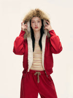Red Fur-Trimmed Hoodie & Pants Set
