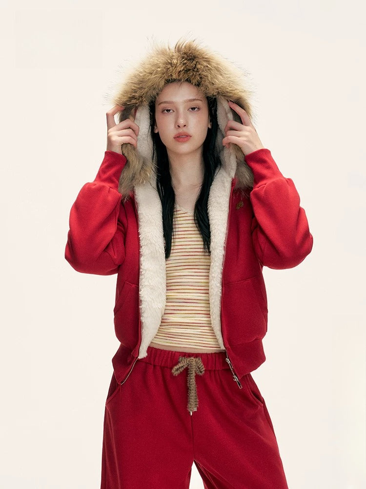 Red Fur-Trimmed Hoodie &amp; Pants Set