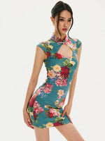 Floral Velvet Mandarin Collar Qipao Dress