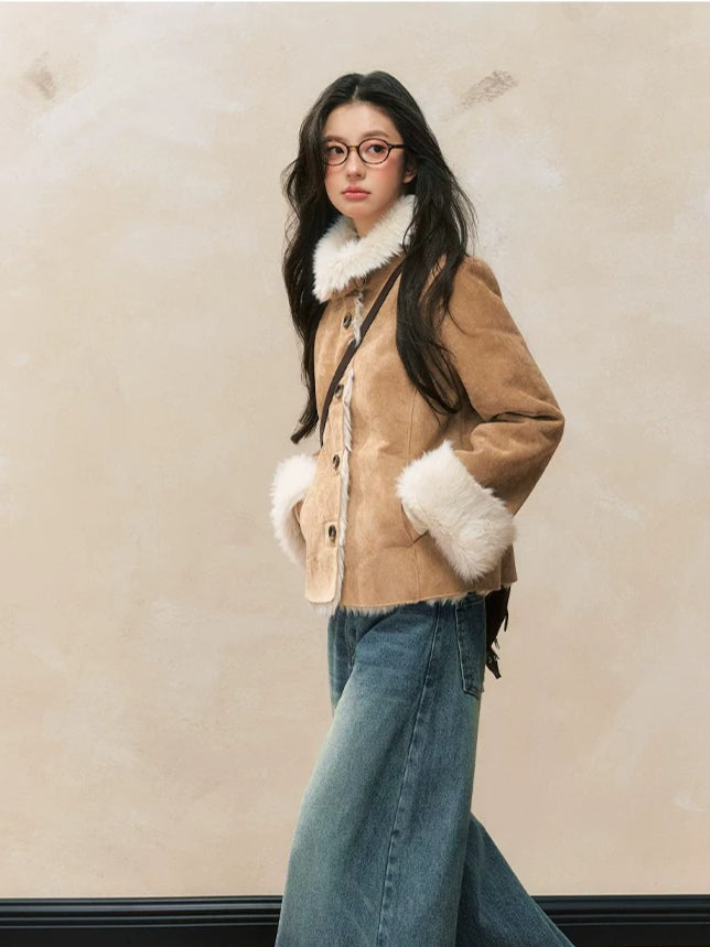 Khaki Shearling Fur Coat