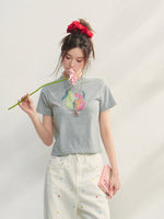 Printed Pearl-Decorated Short-Sleeve T-Shirt