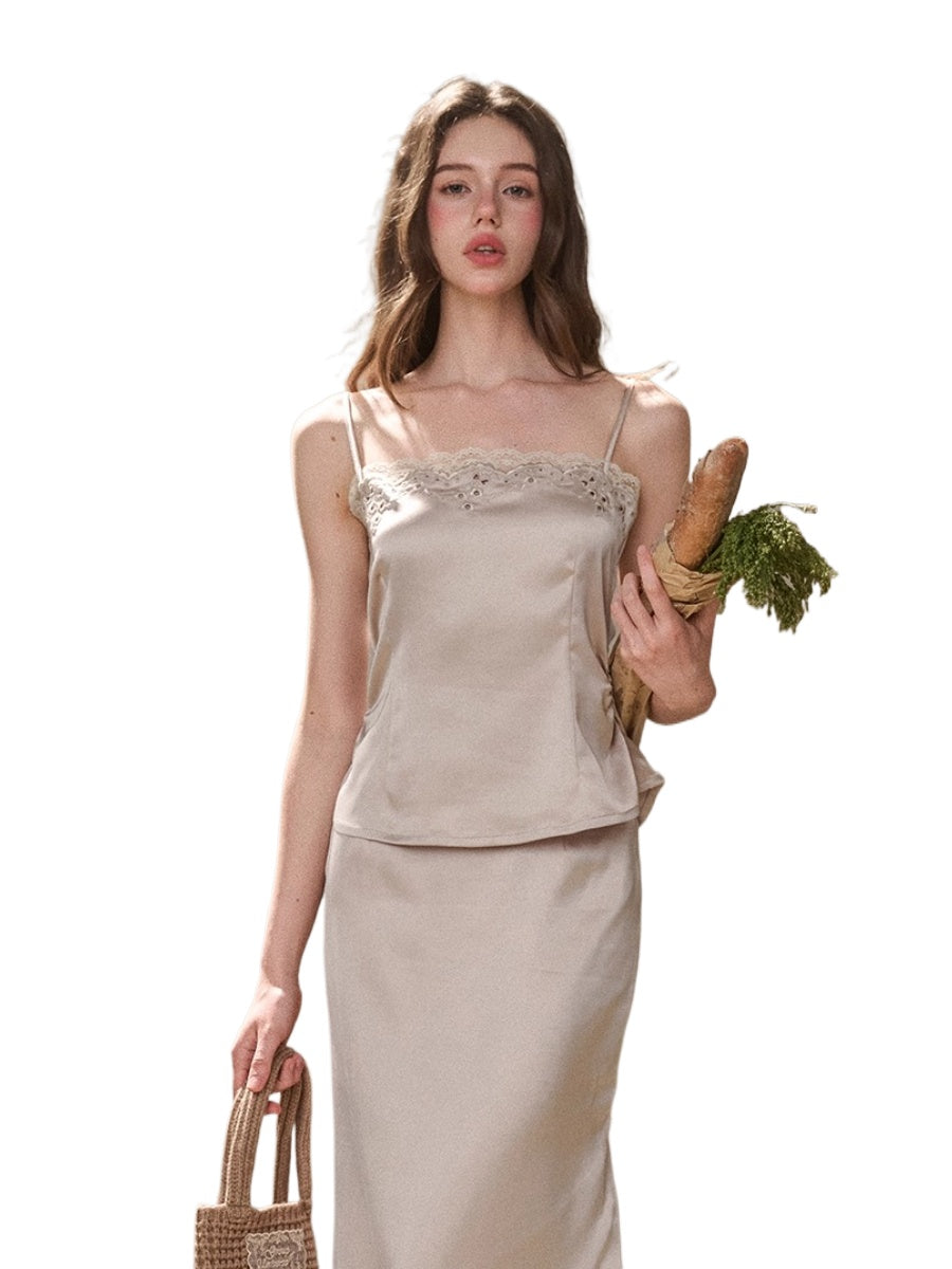 Cosagach Pearl Satin Embroidered Camisole &amp; Skirt Set