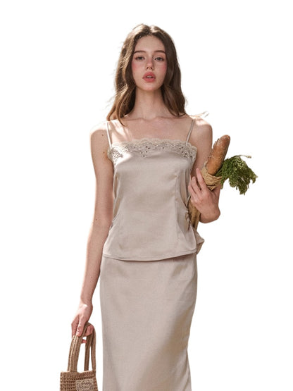 Cosagach Pearl Satin Embroidered Camisole &amp; Skirt Set