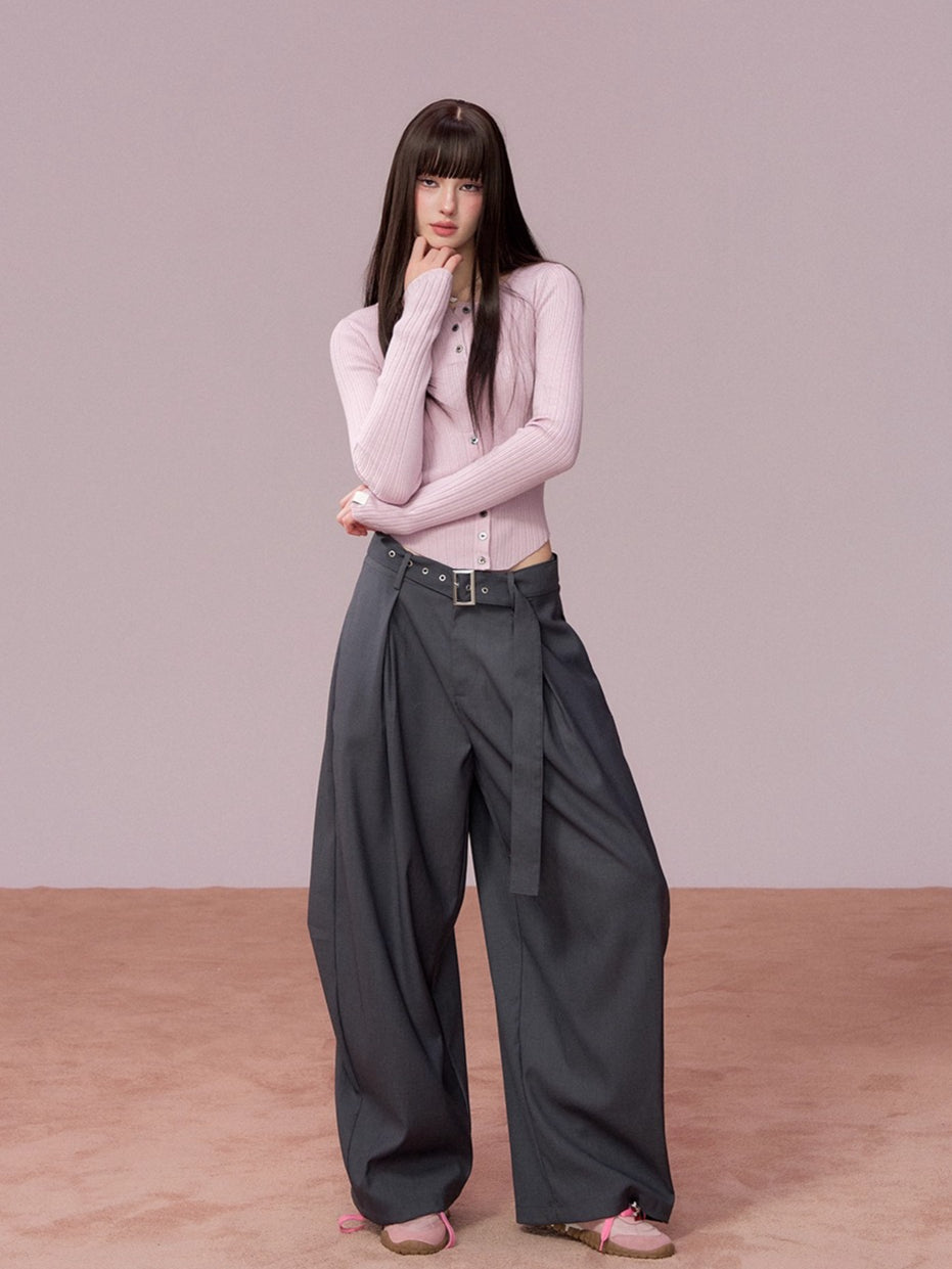 Ribbed Button Waist Knit T-shirt