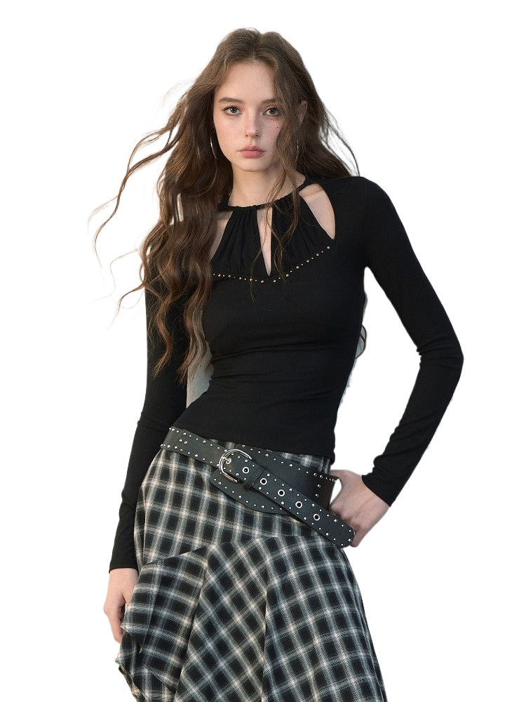 Rivet Cutout Halter Long-sleeve T-shirt
