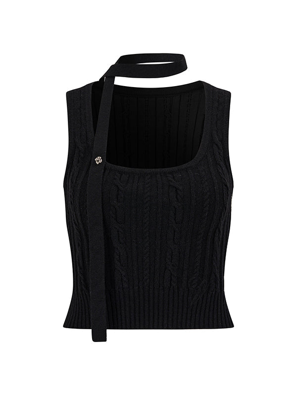 Black &amp; Beige Ribbon Knit Tank Top