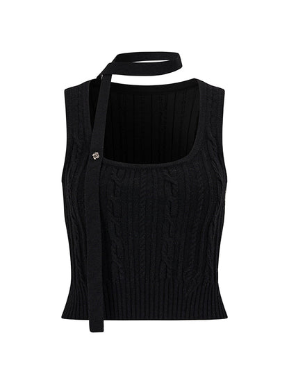 Black &amp; Beige Ribbon Knit Tank Top