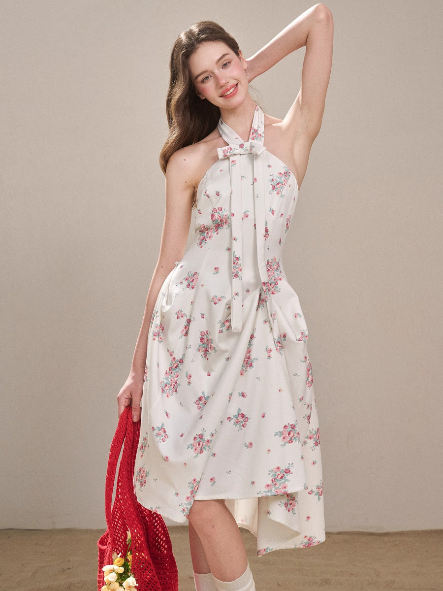 Rose Pleats Halter Midi Dress