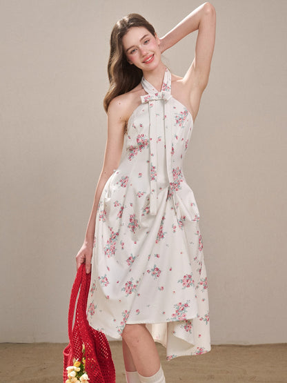 Rose Pleats Halter Midi Dress