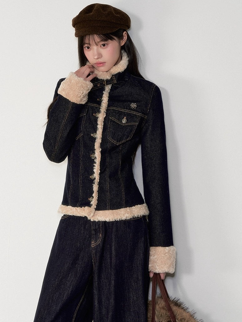 Denim Panel Fur-Trim Down Jacket