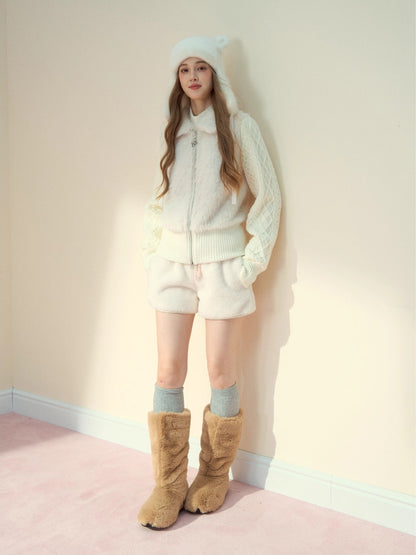 Peter Pan Collar Fleece-Lined Faux-Fur Paneled Jacket