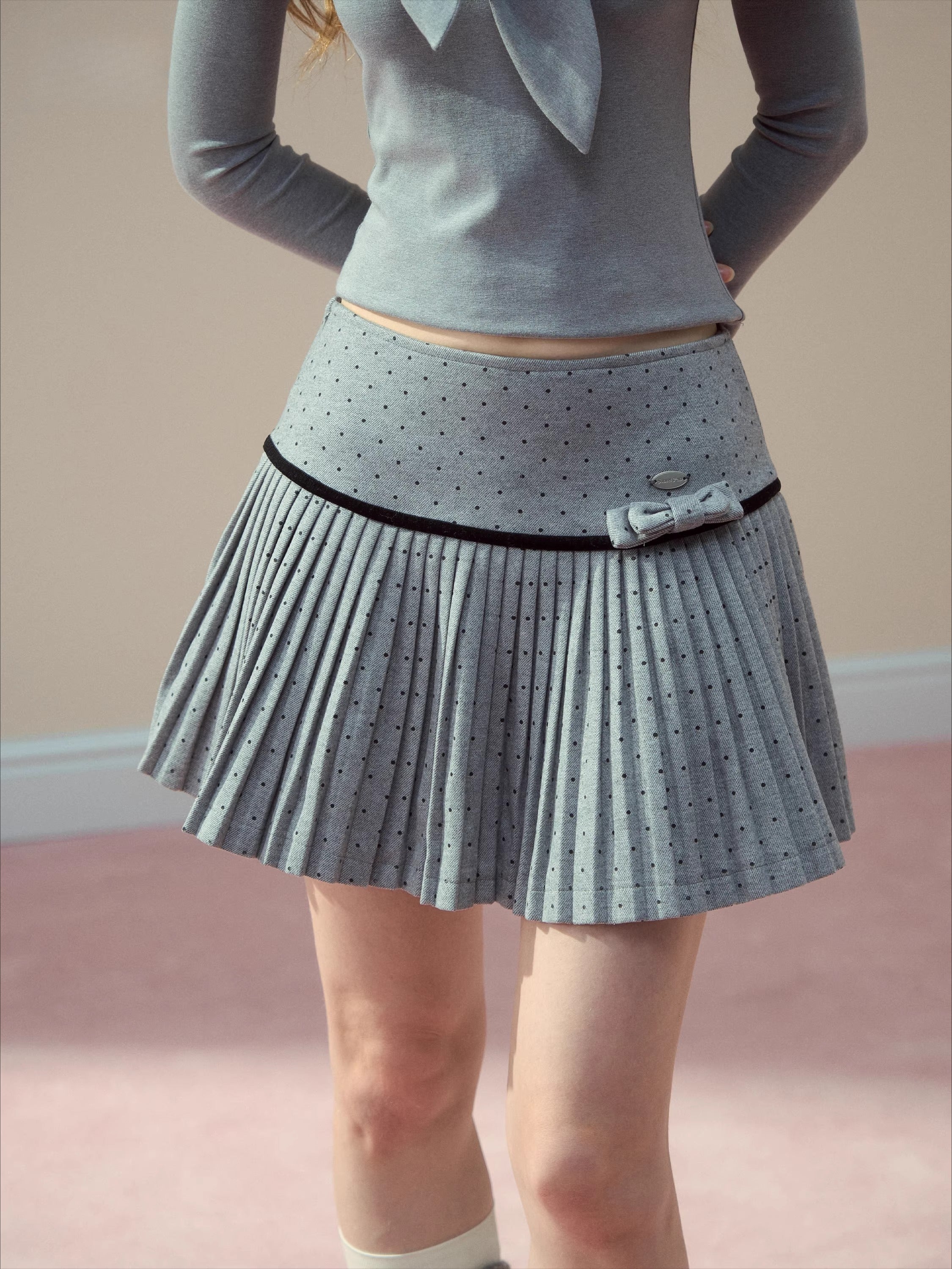 Polka-Dot Bow Pleated Skirt