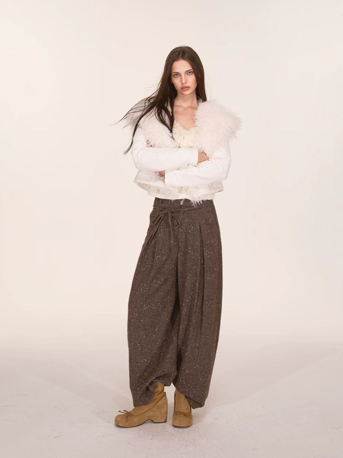Speckled Wool Blend Wide Leg Pants