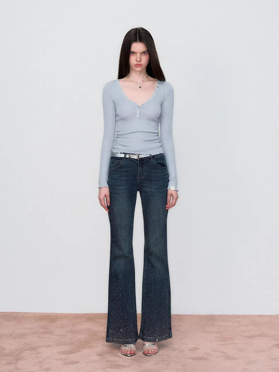 Embroidered Rhinestones Flared Jeans