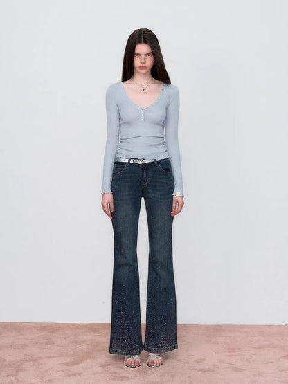 Embroidered Rhinestones Flared Jeans