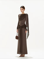 Brown Ruched Knit Blouse & Skirt Set