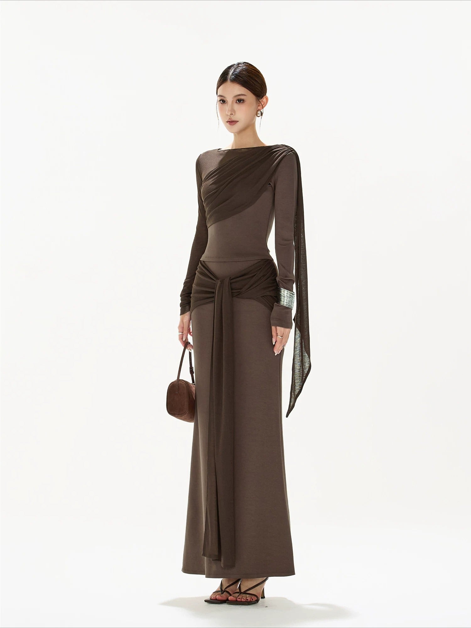 Brown Ruched Knit Blouse &amp; Skirt Set